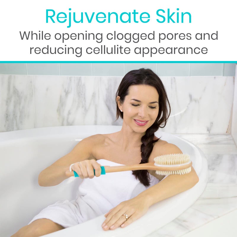 Vive Shower Back Brush - Body Scrubber for Men & Women - Long Handle Bath Brush for Showering, Dry & Wet Brushing - Washer Scrub, Exfoliator, Cleaner, Scratcher for Elderly - Soft & Stiff Bristles - Image 3