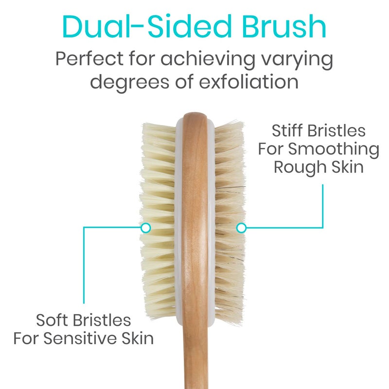Vive Shower Back Brush - Body Scrubber for Men & Women - Long Handle Bath Brush for Showering, Dry & Wet Brushing - Washer Scrub, Exfoliator, Cleaner, Scratcher for Elderly - Soft & Stiff Bristles - Image 2