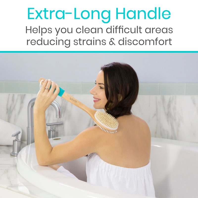 Vive Shower Back Brush - Body Scrubber for Men & Women - Long Handle Bath Brush for Showering, Dry & Wet Brushing - Washer Scrub, Exfoliator, Cleaner, Scratcher for Elderly - Soft & Stiff Bristles - Image 4