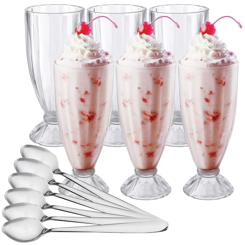 Cedilis Set of 6 Milkshake Glass, 12oz Old Fashion Sundae Cups, Retro Ice Cream Float Glasses, Heavy Base Soda Fountain Glassware with 6 Long Stainless Steel Spoons - Image 1