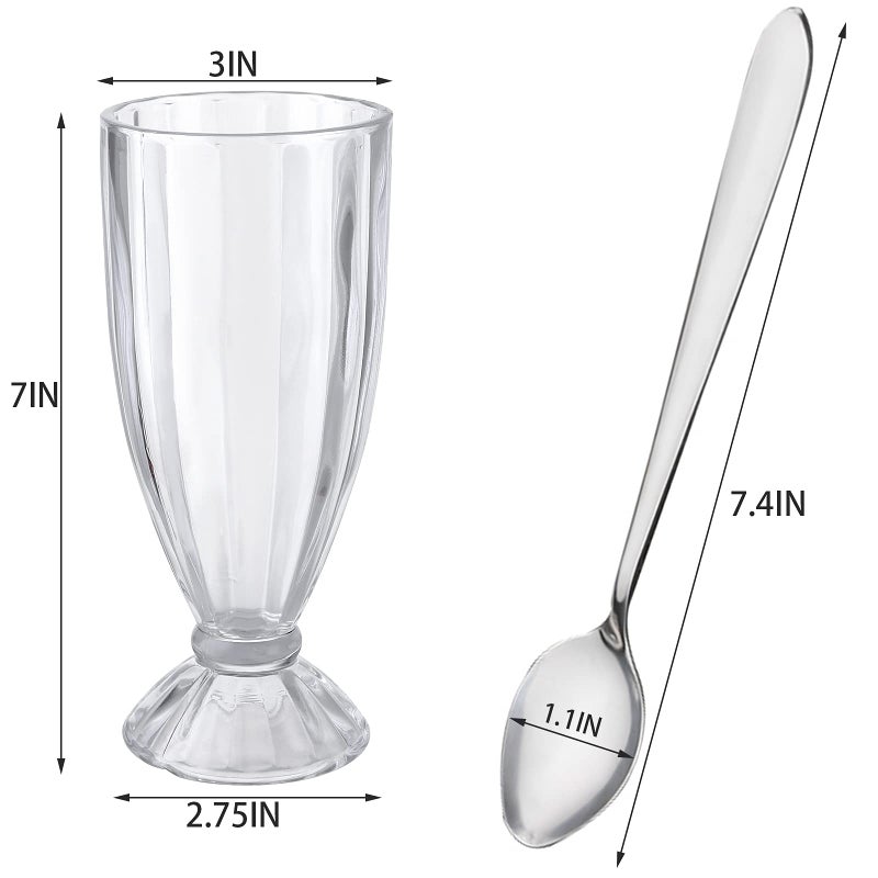 Cedilis Set of 6 Milkshake Glass, 12oz Old Fashion Sundae Cups, Retro Ice Cream Float Glasses, Heavy Base Soda Fountain Glassware with 6 Long Stainless Steel Spoons - Image 2
