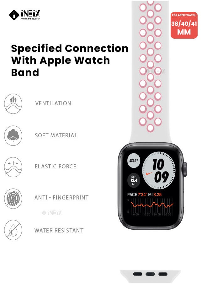 INEIX - Soft Silicone Sport Nike Edition Replacement Strap For Apple Watch 38/40/41 mm - White/Pink - Image 1