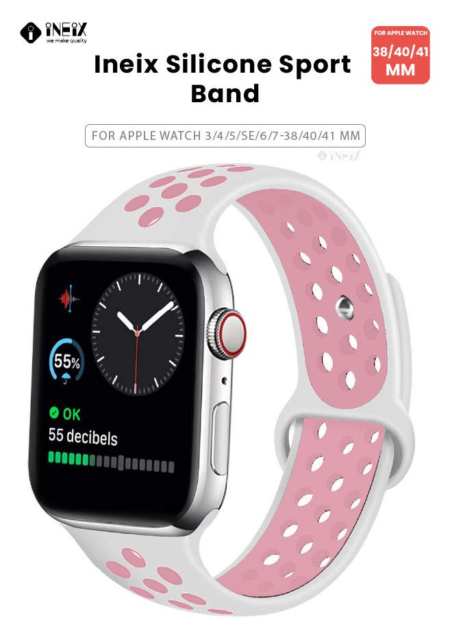 INEIX - Soft Silicone Sport Nike Edition Replacement Strap For Apple Watch 38/40/41 mm - White/Pink - Image 1