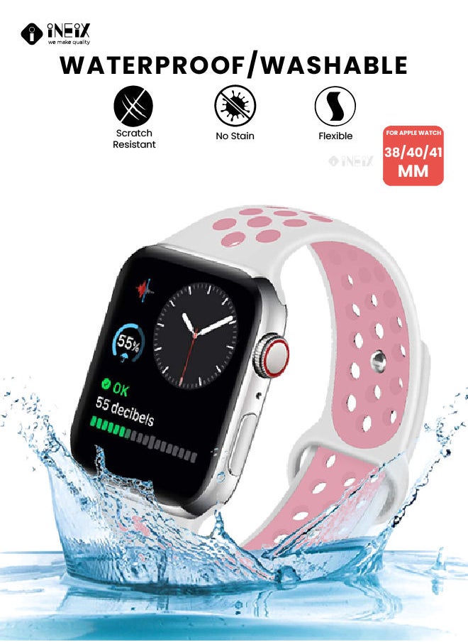 INEIX - Soft Silicone Sport Nike Edition Replacement Strap For Apple Watch 38/40/41 mm - White/Pink - Image 1