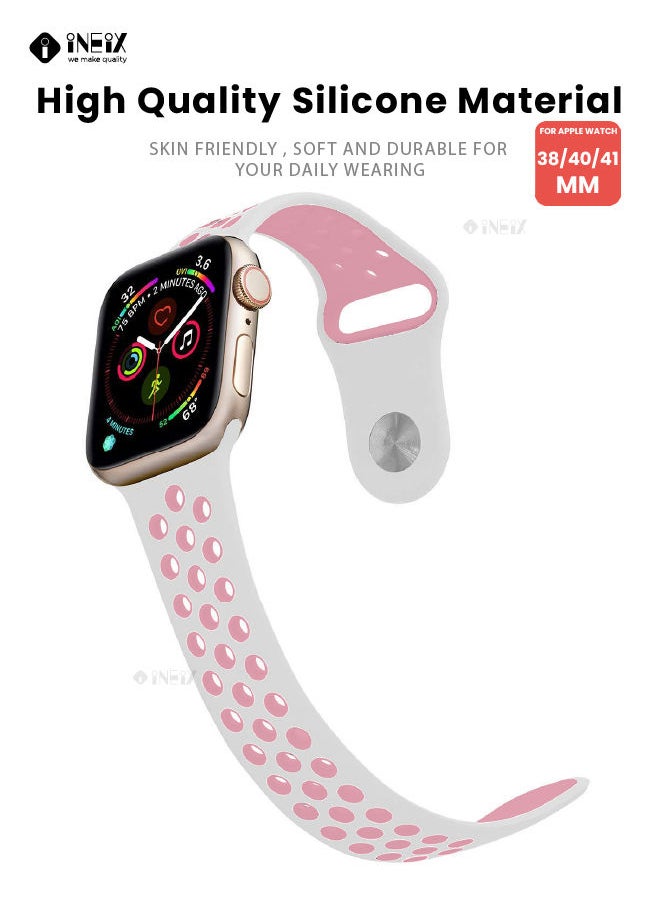 INEIX - Soft Silicone Sport Nike Edition Replacement Strap For Apple Watch 38/40/41 mm - White/Pink - Image 1