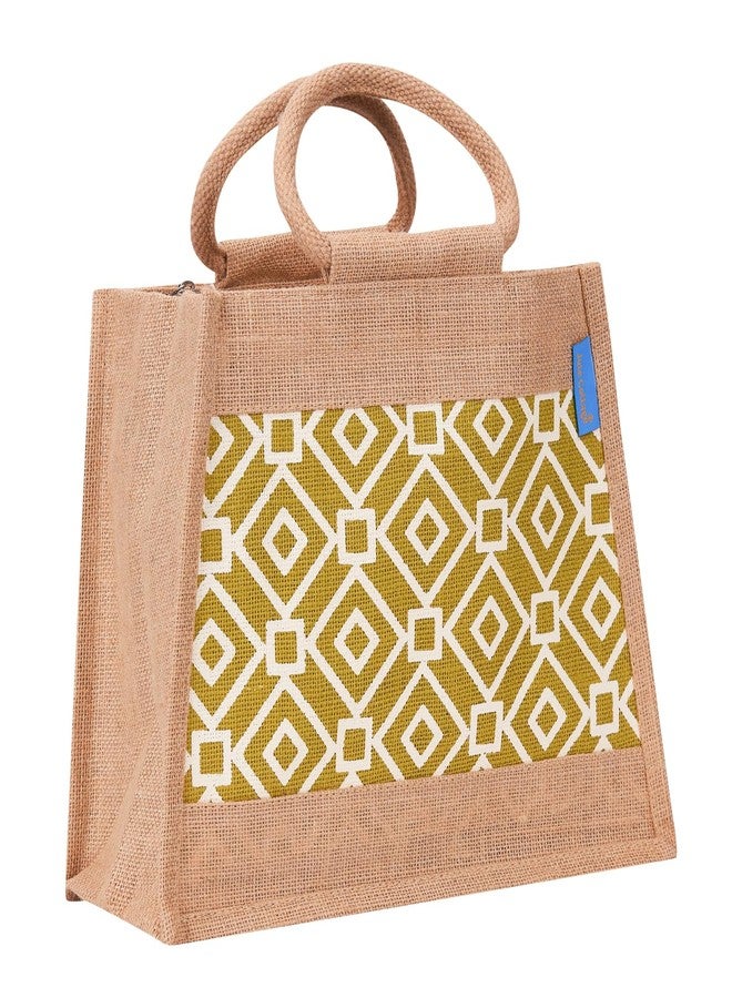 Jute Cottage Jute Bags for Lunch for Men | Jute Bags with Zip | Jute Tote Bag | Jute Tiffin Bags | Printed Jute Bag | Jute Carry Bag, Green - Image 1