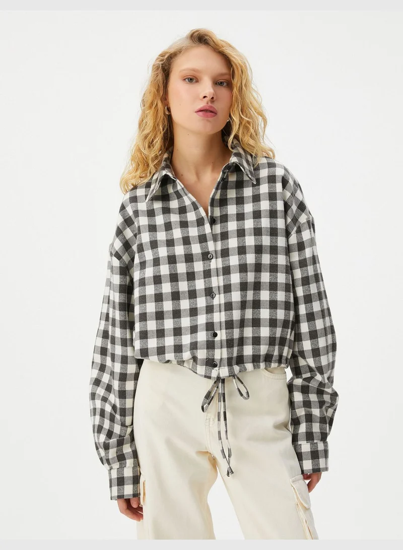 كوتون Crop Plaid Shirt Waist Tie Detail Long Sleeve Soft Textured