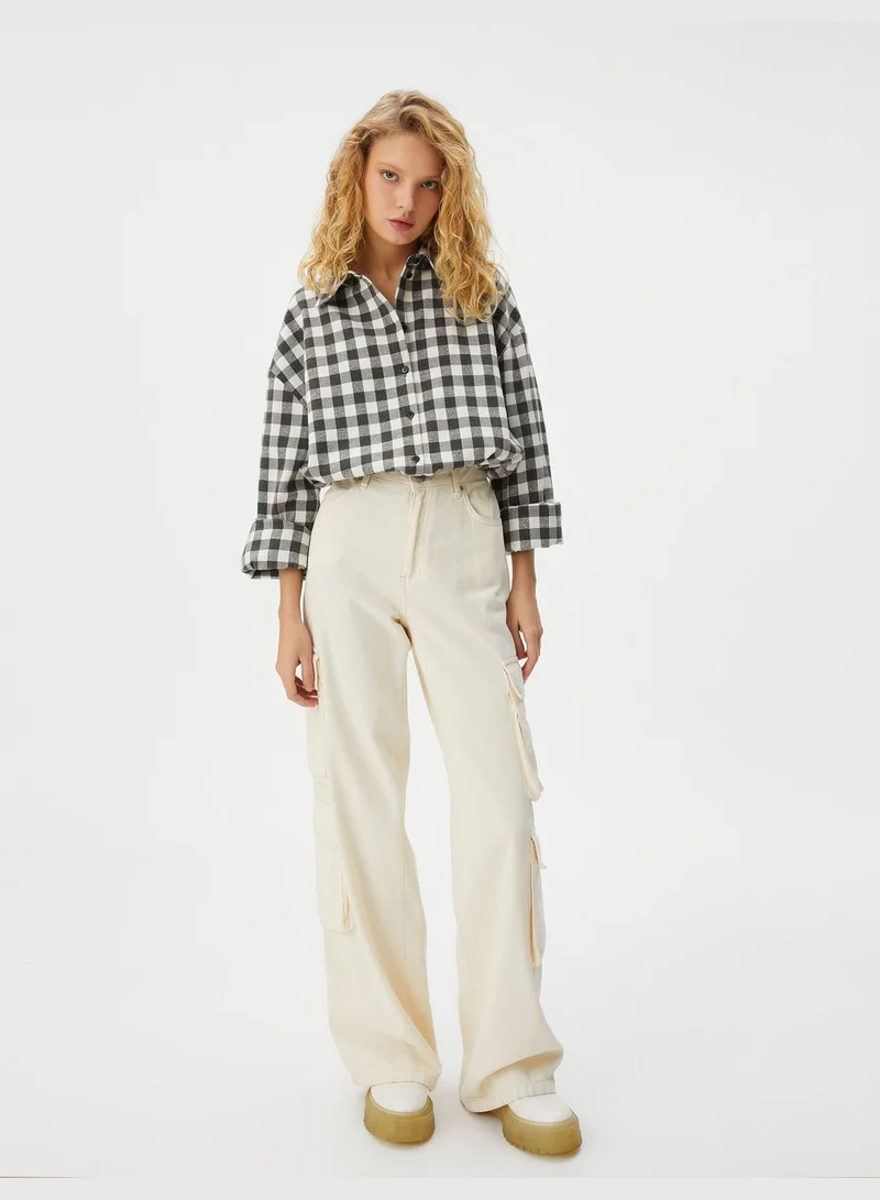 كوتون Crop Plaid Shirt Waist Tie Detail Long Sleeve Soft Textured