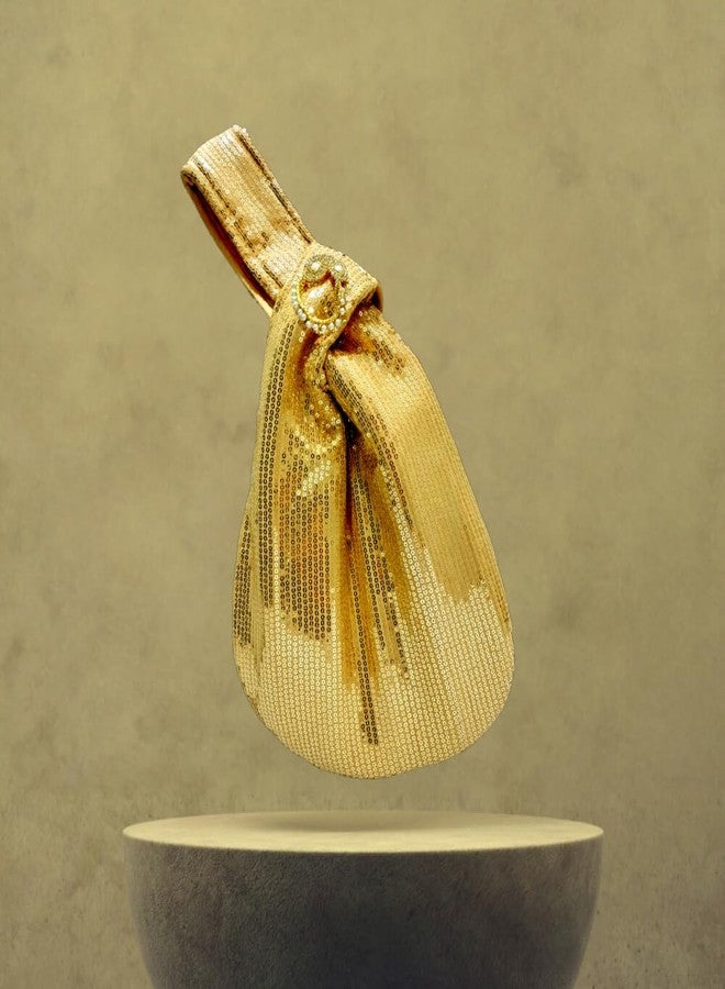 ATHZ Ethnic Handbags for Women Sequin work artisan potli bags Handcrafted Self Design (Golden) - Image 2
