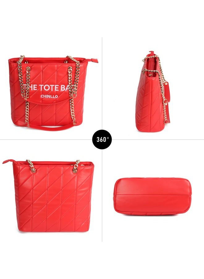 Chinllo Tote Bag for Women, Medium Top Handle Handbags Purse, Red-quilted, Medium - Image 5