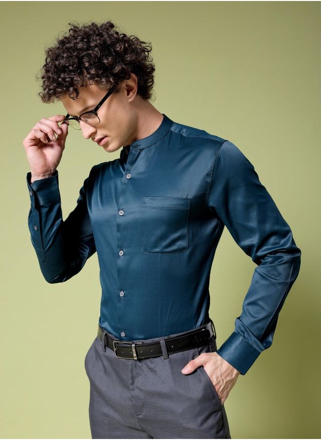 The Indian Garage Co Men Slim Fit Solid Full Sleeves Mandarin Collar Formal Shirt  - Image 3
