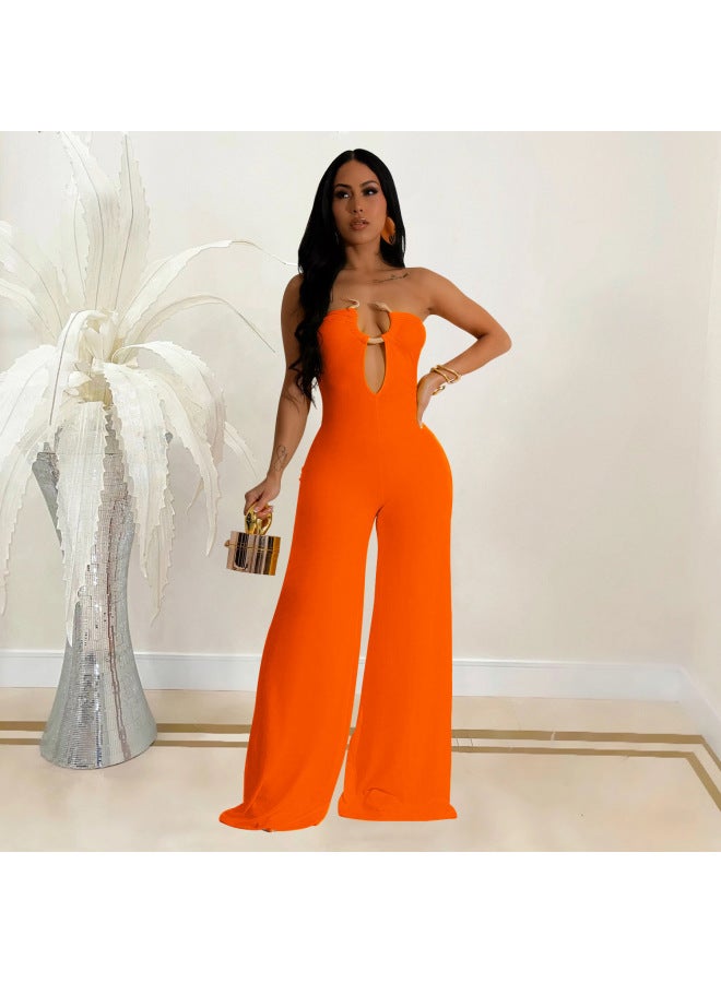 Hot Women's Fashion Solid Color Deep V-neck Waist Slimming Wide Leg Trousers For Women