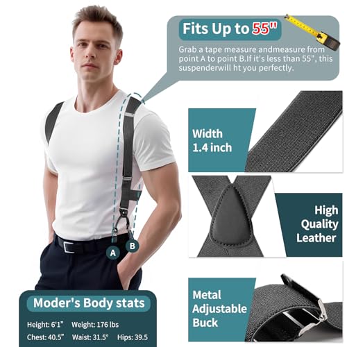 MISAKTEAM 2 Clips Side Mens Suspenders Heavy Duty Big And Tall Grey Suspenders for Jeans XBack Suspender Adjustable Elastic Braces for Formal and Casual Wear - Image 3