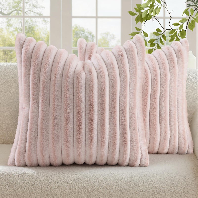 decorUhome Summer Cozy Faux Fur Throw Pillow Covers 18x18 Set of 2 Decorative Soft Plush Striped Modern Farmhouse Boho Couch Pillow Cases with Velvet Back for Sofa Bed Living Room Pink White - Image 2