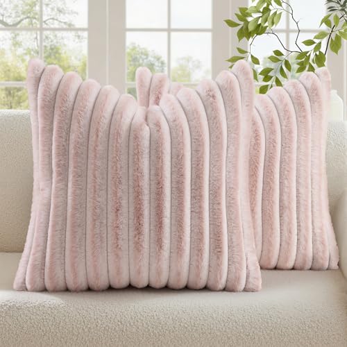 decorUhome Summer Cozy Faux Fur Throw Pillow Covers 18x18 Set of 2 Decorative Soft Plush Striped Modern Farmhouse Boho Couch Pillow Cases with Velvet Back for Sofa Bed Living Room Pink White - Image 1