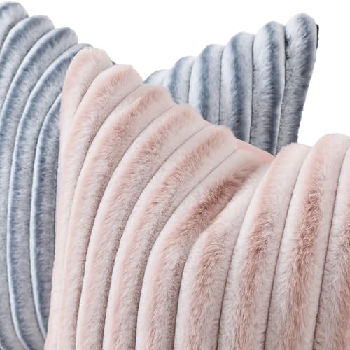 decorUhome Summer Cozy Faux Fur Throw Pillow Covers 18x18 Set of 2 Decorative Soft Plush Striped Modern Farmhouse Boho Couch Pillow Cases with Velvet Back for Sofa Bed Living Room Pink White - Image 3