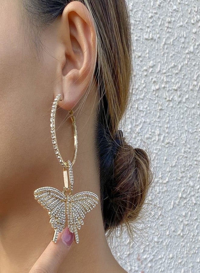 Wiwpar Large Butterfly Hoop Dangle Earrings Sparkly Rhinestone Butterfly Earrings Fashion Round Circle Open Hoop Dangle Earrings for Women (Gold) - Image 2