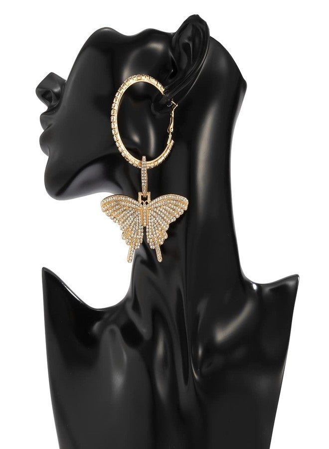 Wiwpar Large Butterfly Hoop Dangle Earrings Sparkly Rhinestone Butterfly Earrings Fashion Round Circle Open Hoop Dangle Earrings for Women (Gold) - Image 3