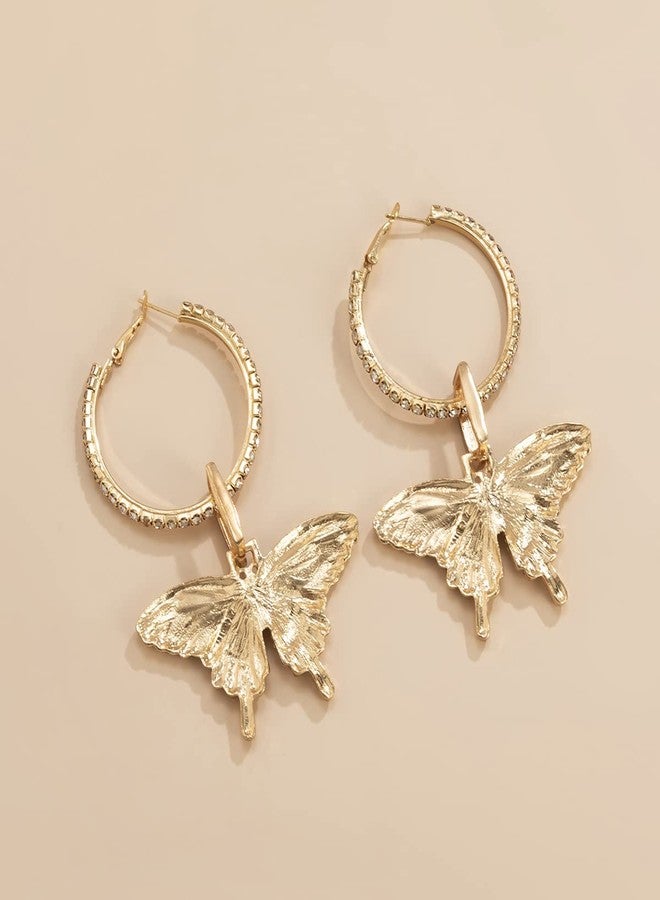 Wiwpar Large Butterfly Hoop Dangle Earrings Sparkly Rhinestone Butterfly Earrings Fashion Round Circle Open Hoop Dangle Earrings for Women (Gold) - Image 5