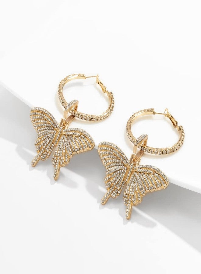 Wiwpar Large Butterfly Hoop Dangle Earrings Sparkly Rhinestone Butterfly Earrings Fashion Round Circle Open Hoop Dangle Earrings for Women (Gold) - Image 4