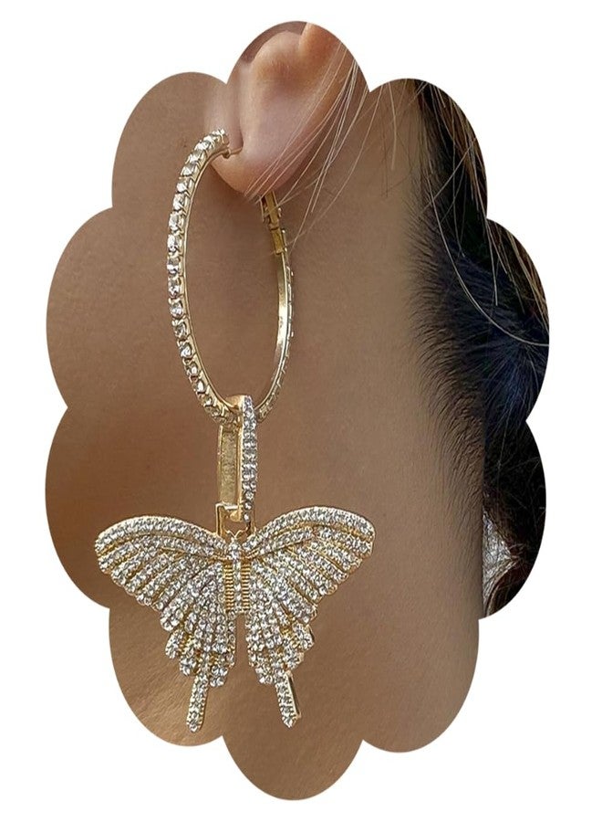 Wiwpar Large Butterfly Hoop Dangle Earrings Sparkly Rhinestone Butterfly Earrings Fashion Round Circle Open Hoop Dangle Earrings for Women (Gold) - Image 1