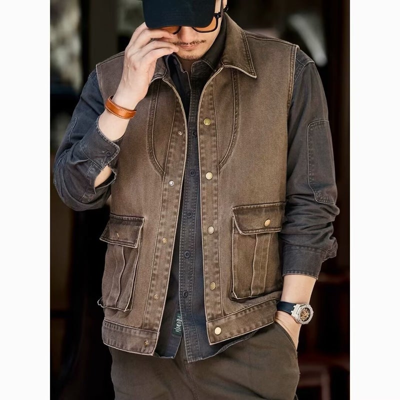 Gelan Deer Vintage Denim Workwear Vest Mens Autumn Fashion Brand Mountain Outdoor Tactical Loose plus size Jacket Coat Brown
