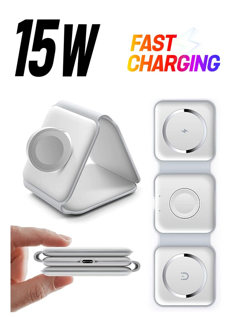 PADOM 3 in 1 Wireless Charger,Magnetic Foldable Charging Station,Fast Wireless Charging Pad (WHITE) USB - Image 1