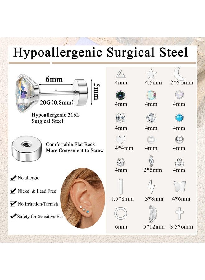 Jstyle Hypoallergenic Flat Back Stud Earrings for Women Men Surgical Stainless Steel Earrings Set for Sensitive Ears Cartilage Earring Small Flatback Studs Earrings Stacks Screw Back Silver Earrings - Image 4
