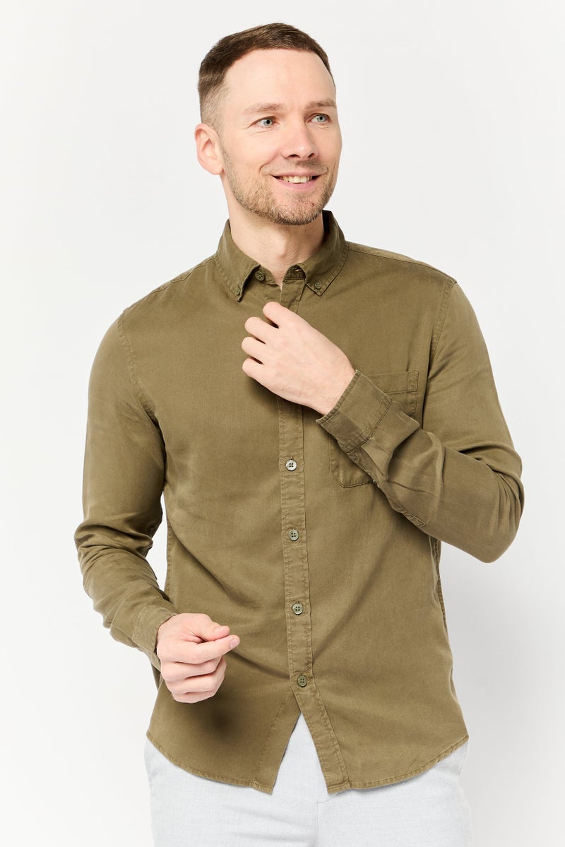 Celio قميص رجالي عادي بأكمام طويلة بلون سادة، كاكي - Image 1