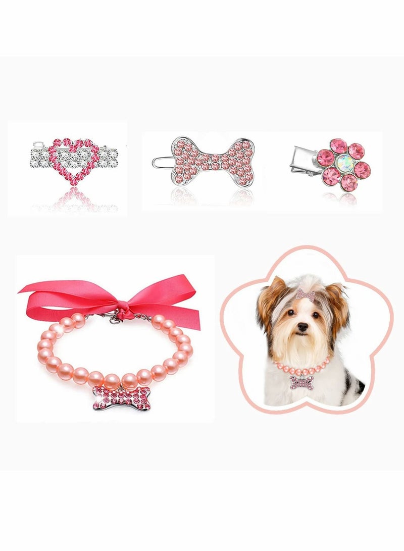 SYOSI Dog Collar and Puppy Hair Accessories, 4 Pack Pearl Pet Necklace for Small Dogs Girl Barrette Crystal Rhinestone Cat Grooming Products  - Image 1