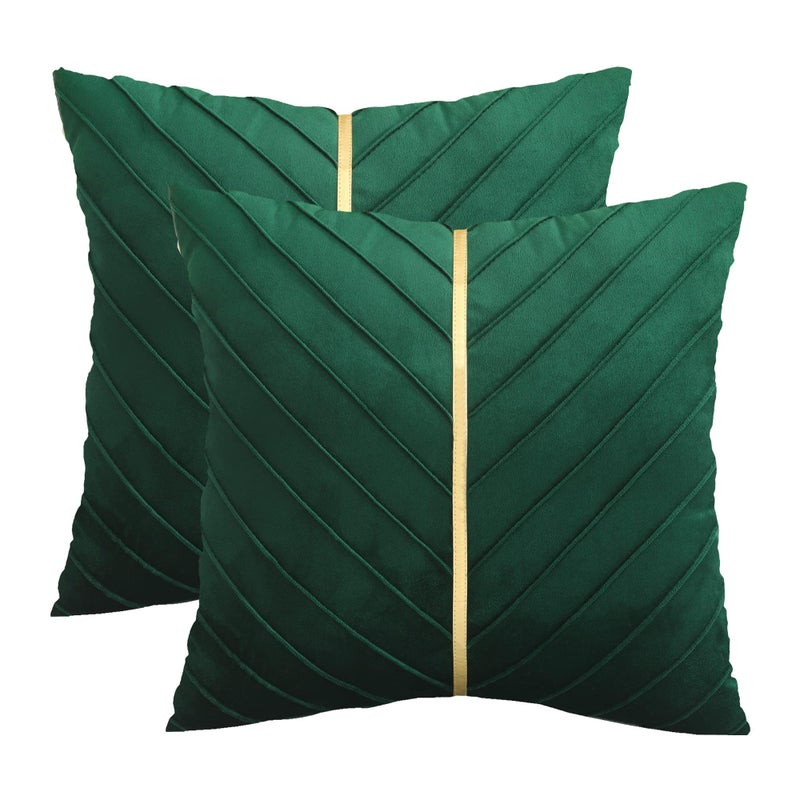 Tosleo Christmas Green Velvet Throw Pillow Covers 16 x 16 inch Pack of 2 with Gold Leather Forest Green Decorative Couch Pillowcase Luxury Modern Pillow Cover