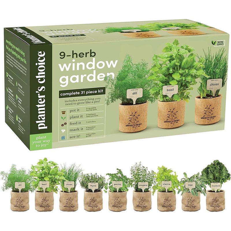 Planters' Choice 9 Herb Indoor Window Garden Kit - House Plants Seeds - Best Unique Easter Gift Ideas for Women, Mom, Friend, Her, Birthday, Housewarming, Mother - New Home Kitchen Gifts - Image 1
