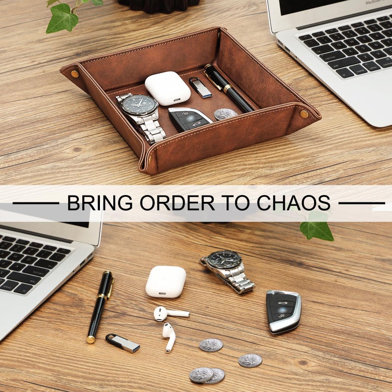 SITHON Valet Tray Desktop Storage Organizer â€“ Premium PU Leather Catchall Bedside Vanity Tray Nightstand Caddy Holder for Keys, Phone, Wallet, Coin, Valentine's Day Gift, Brown - Image 5