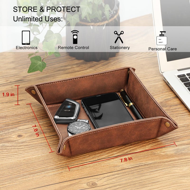 SITHON Valet Tray Desktop Storage Organizer â€“ Premium PU Leather Catchall Bedside Vanity Tray Nightstand Caddy Holder for Keys, Phone, Wallet, Coin, Valentine's Day Gift, Brown - Image 3