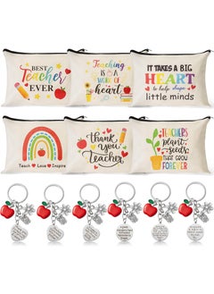 CY2SIDE CY2SIDE Teacher Appreciation Gifts Set - 6 Style Thank Teacher Theme Survival Kit Bohemian Rainbow Cosmetic Bag with Zipper and 6PCS Apple Key Chains Appreciation Key Ring Thank You Gifts for Teacher 