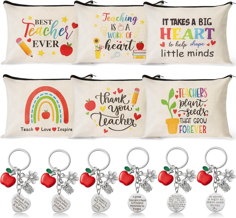مجموعة هدايا تقدير المعلم CY2SIDE - 6 أسلوب شكر المعلم مجموعة أدوات البقاء حقيبة مستحضرات تجميل قوس قزح البوهيمي مع سحاب و 6 قطع من سلاسل المفاتيح على شكل تفاح هدايا تقدير للمعلم