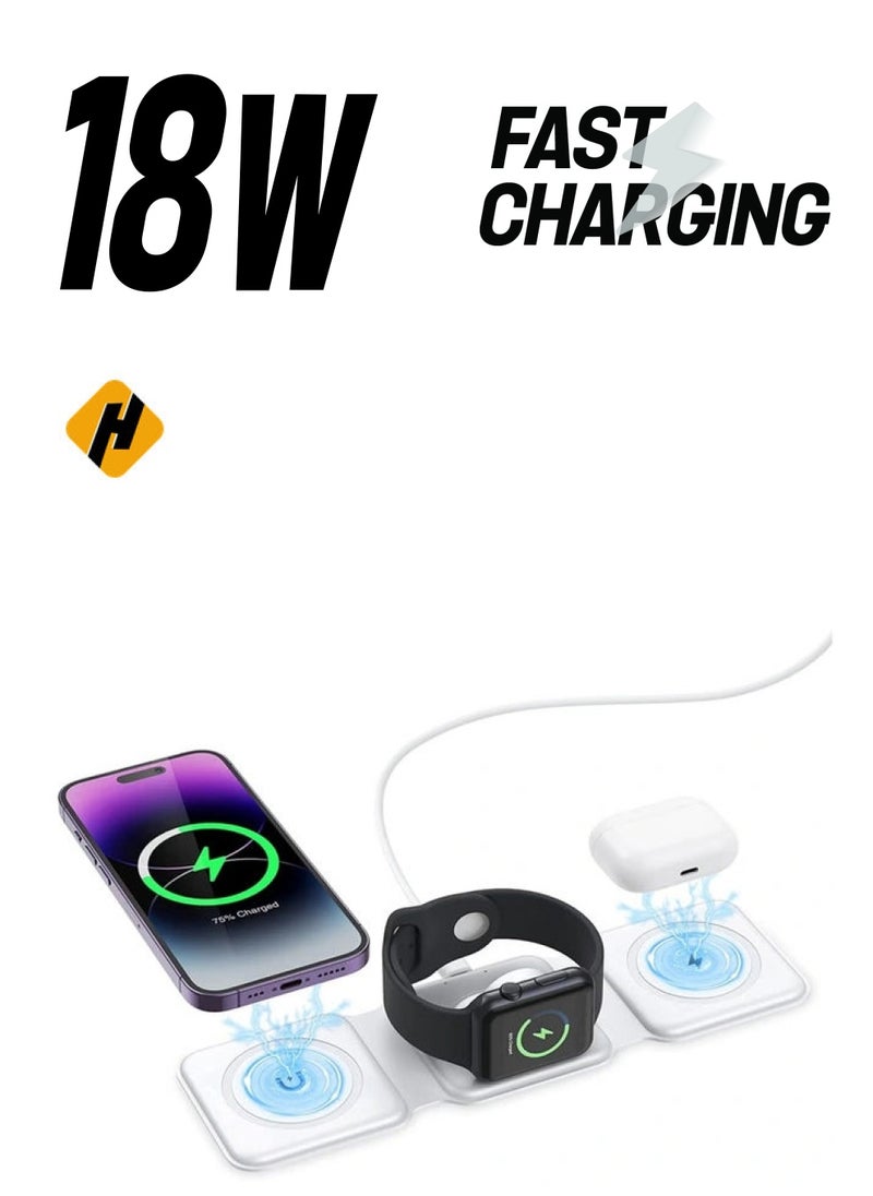 HuHa 3 in 1 Wireless Charger, Foldable Magnetic Charger Station, 18W Fast Wireless Charging Pad, Compatible with iPhone 14/13/12/11, Samsung Galaxy, AirPods, Google Pixel, Apple Watch  - Image 1