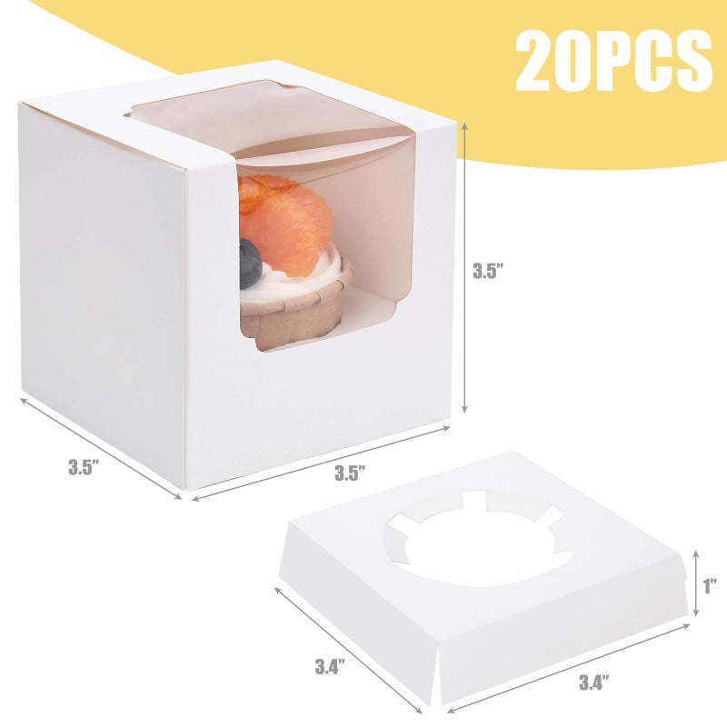 VGOODALL 20PCS White Cupcake Boxes, 3.5"x3.5"x3.5" Individual Cupcake Containers Pre-Assembled Containers with Window and Inserts for Wedding Baby Shower Birthday - Image 2