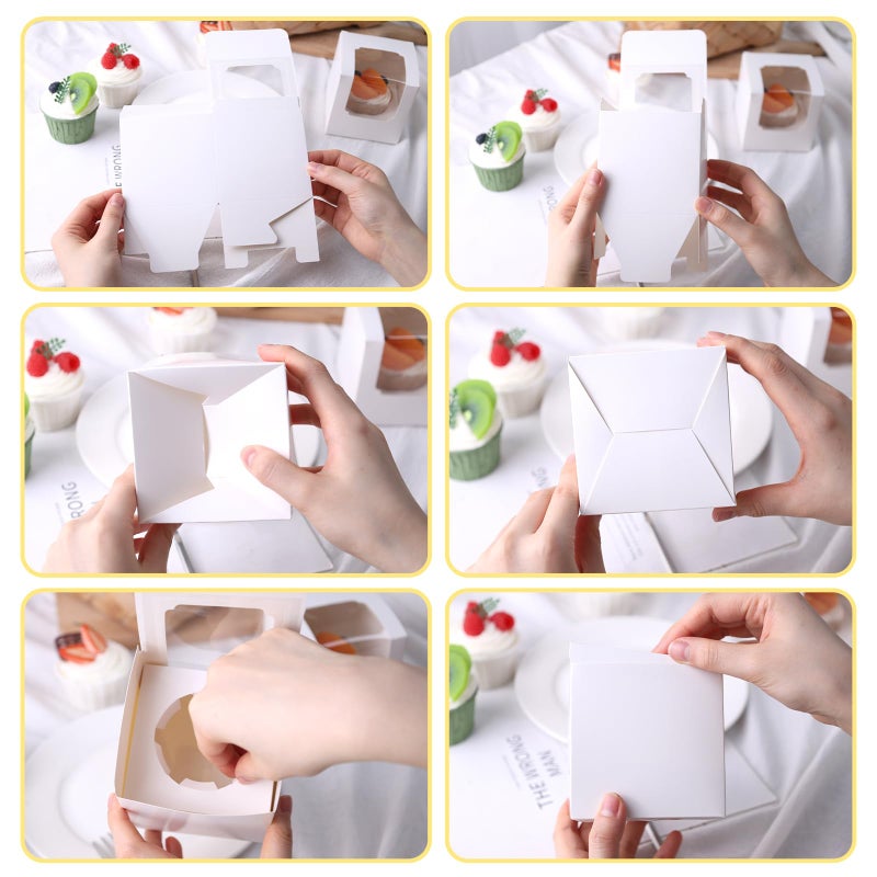 VGOODALL 20PCS White Cupcake Boxes, 3.5"x3.5"x3.5" Individual Cupcake Containers Pre-Assembled Containers with Window and Inserts for Wedding Baby Shower Birthday - Image 4
