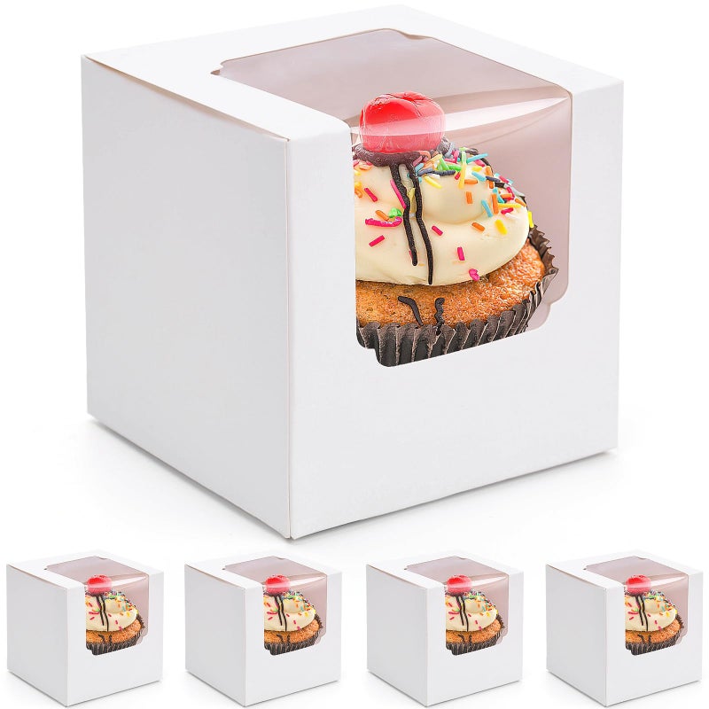 VGOODALL 20PCS White Cupcake Boxes, 3.5"x3.5"x3.5" Individual Cupcake Containers Pre-Assembled Containers with Window and Inserts for Wedding Baby Shower Birthday - Image 1