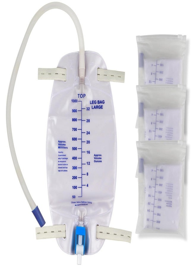 Gadget Beyond 3 Pack Catheter Bags, Premium Easy-Tap Leg Bag Urinary Drainage Bag, 32 Oz with 3 18” Tubing, Anti-Reflux Valve, with Cloth Straps to Attach to Your Foot, Advanced Flip Drain for EZ Disposal - Image 1