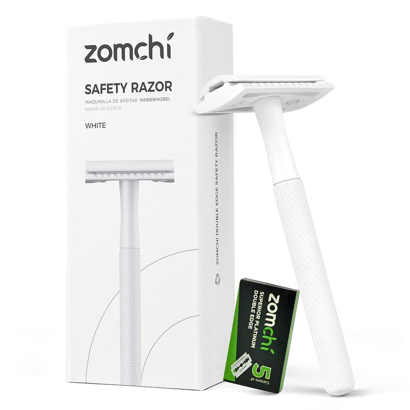 ZOMCHI Double Edge Safety Razor for Men  Women Metal Razor with 5 Double Edge Safety Razor Blades Single Blade Razor  White