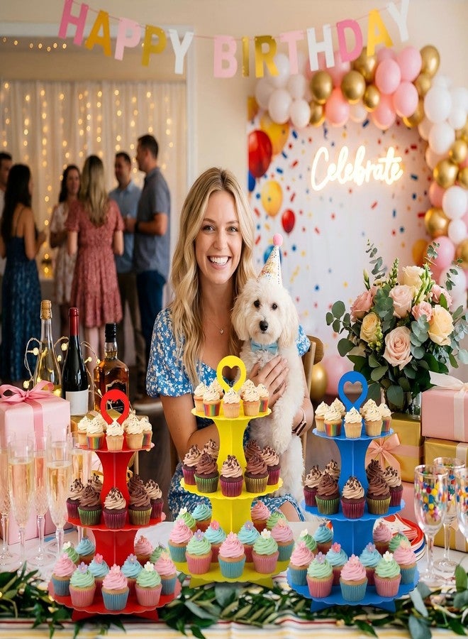 ForraFun 3 Pcs 3-tier Cupcake Stand Cardboard Tower DIY Lace Trim Cake Stand Holder for Dog Theme Birthday Dessert Table Display Tea Party Dog Party Baby Shower Supplies(Navy Blue,Red,Yellow) - Image 2