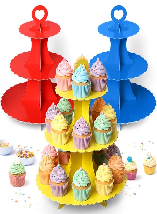 ForraFun 3 Pcs 3-tier Cupcake Stand Cardboard Tower DIY Lace Trim Cake Stand Holder for Dog Theme Birthday Dessert Table Display Tea Party Dog Party Baby Shower Supplies(Navy Blue,Red,Yellow) - Image 1
