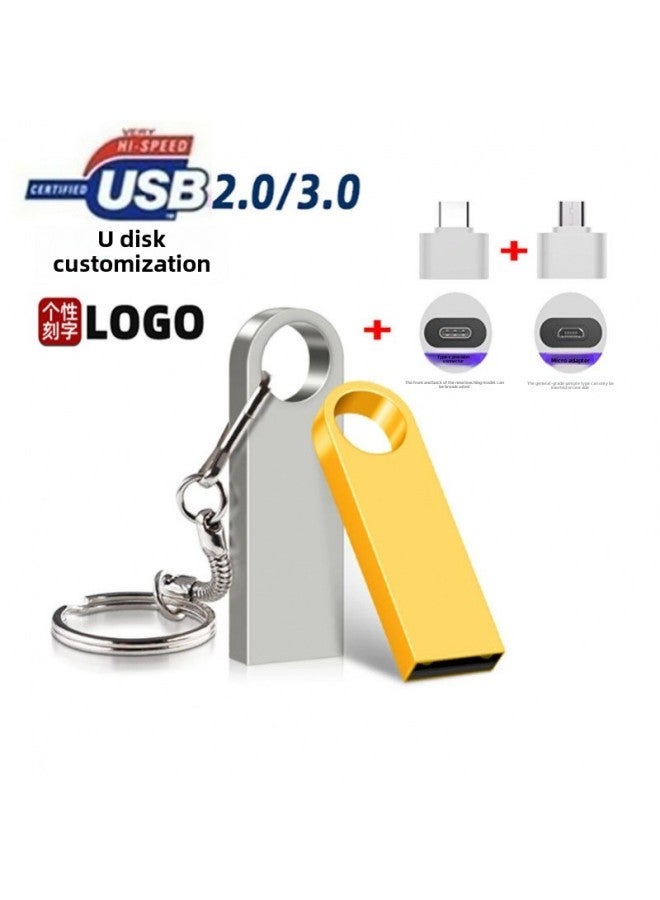 Direct Metal U Disk Waterproof 8g 16g 32g 64g Lettering LOGO Gift Disk-Color:Silver + Adapter-Capacity:32g Expansion 128g256g512g Remarks - Image 2