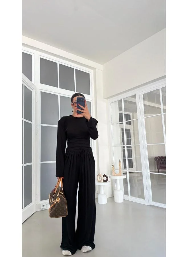 Black V-Neck Adjustable Waist Blouse and Elastic Waist Pants Two-Piece Set GAUS-01872.