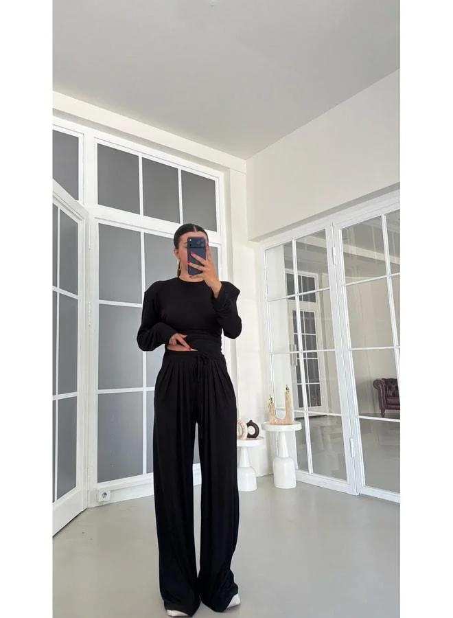 Gaus  Black V-Neck Adjustable Waist Blouse and Elastic Waist Pants Two-Piece Set GAUS-01872. for Women | Best Price UAE