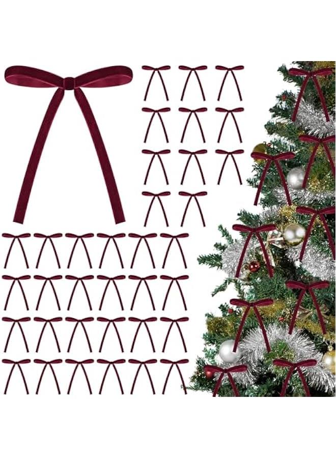 زد جوي 36 قطعة من فيونكات الكريسماس المخملية بنمط ريفي عتيق لشجرة الكريسماس، شريط مخملي للسلالم واكليل المدفأة وديكور المنزل وحفلات الشتاء في الاماكن المغلقة والمفتوحة (بورغندي، 5×7 انش) - Image 1