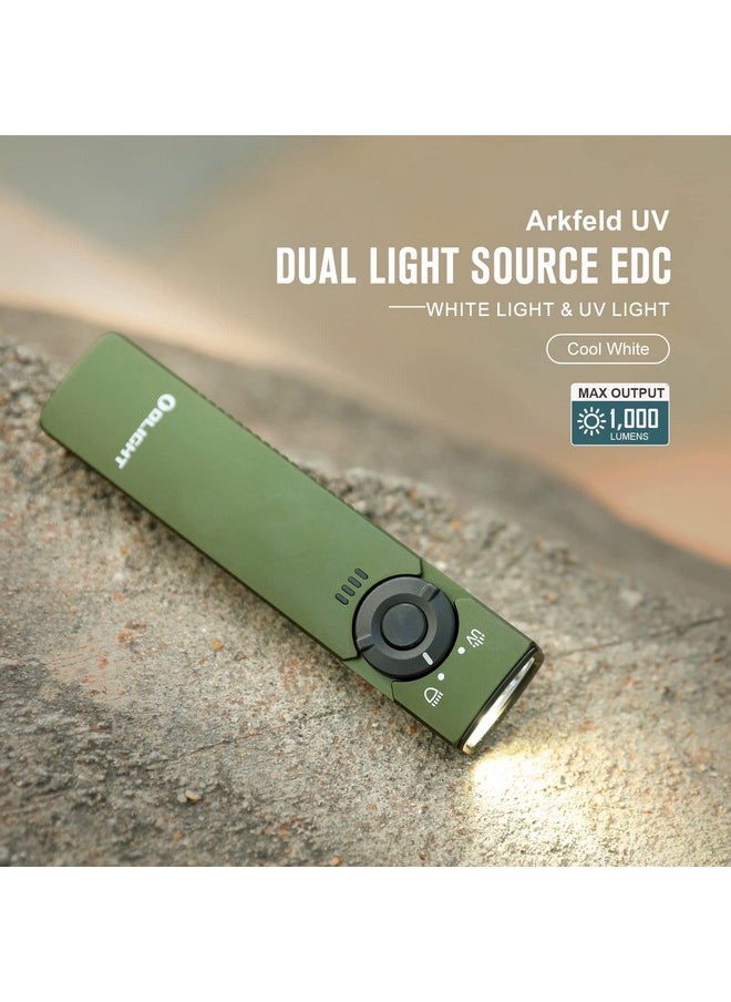 OLIGHT OLIGHT Arkfeld UV Rechargeable EDC Flashlight, 1000 Lumens White LED and 365nm Blacklight Combo for Outdoors, Emergency, Working, Pet Urine Detection (OD Green CW)  - Image 1