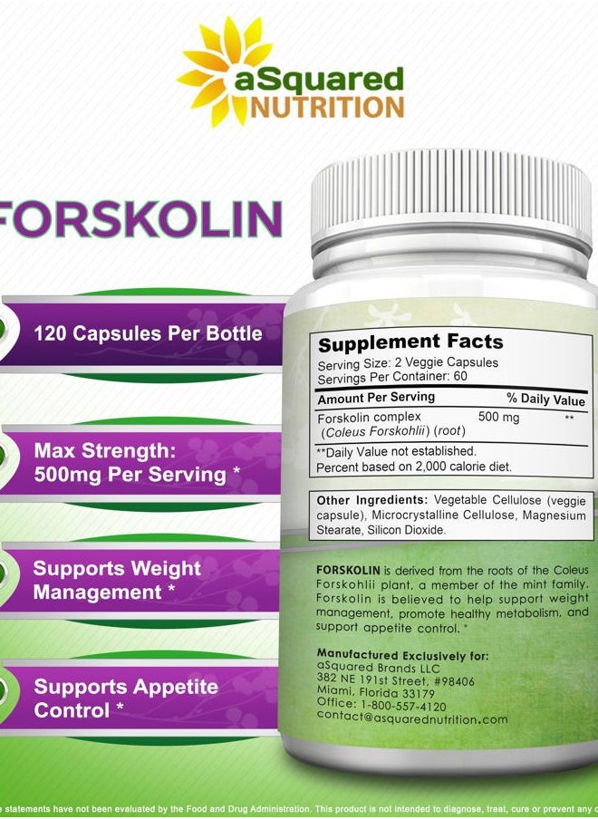 aSquared Nutrition - Forskolin 500mg Max Strength -120 Capsules, Natural Supplement for Pure Weight Loss Fuel, Coleus Forskohlii Root-Forskolin Diet Pills, Belly Buster Pure Fat Burner 2X Slim Trim Lose - Image 1